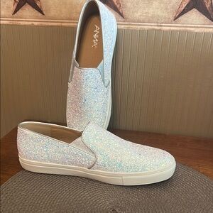 Anna White and Silver Glitter Slip-On Sneakers